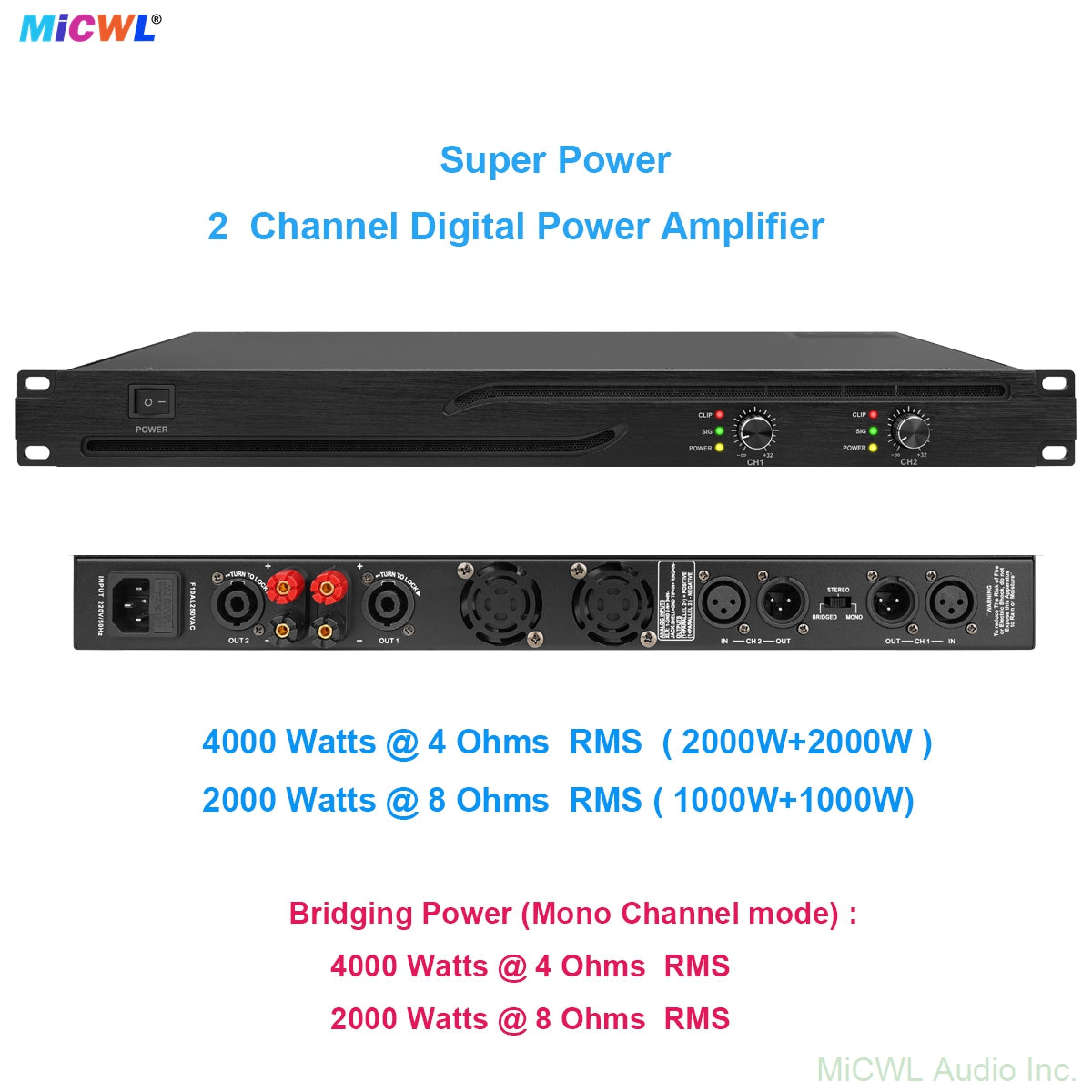 MiCWL CA4000 4000W Peak Digital Power Amplifier 2x1000W RMS | Class D 2-Channel Amp for Stage, Karaoke & DJ with Bridge Mode