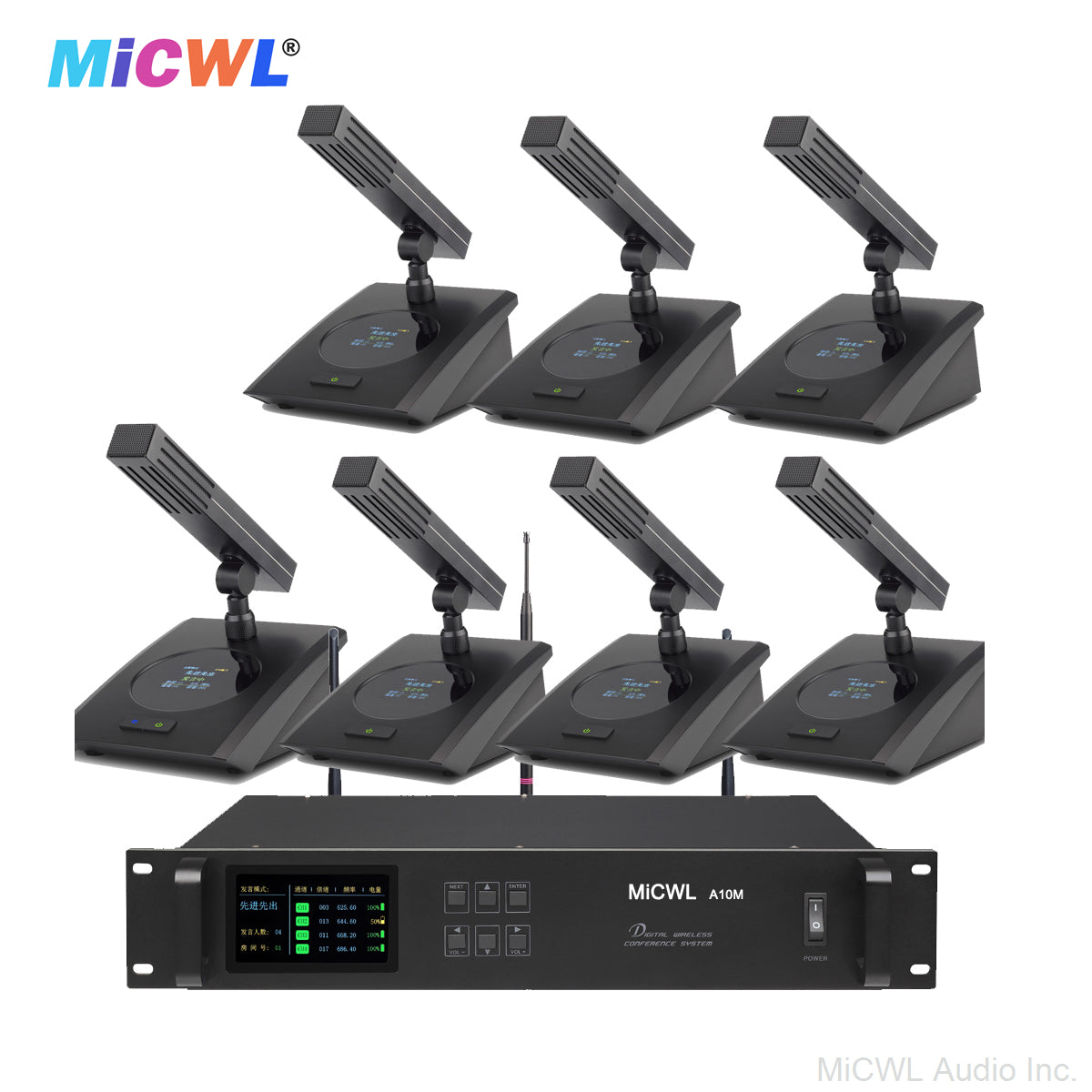 MiCWL A115 Wireless Table Microphones 6pcs Square Desktop Digital Conference System with Chair/Delegate Options & 2U Receiver