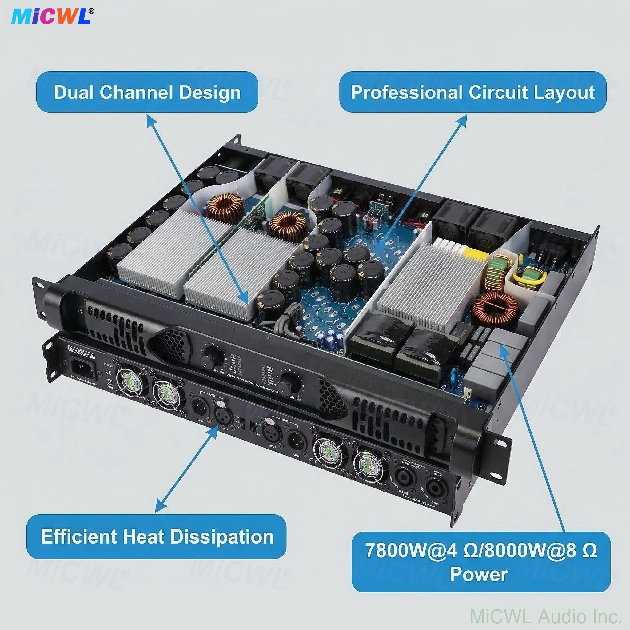 MiCWL 2 Channel 1U Digital Power Amplifier | 5200W Peak 2300W RMS @4Ω / 1400W RMS @8Ω for Stage, KTV, Bar & Professional Audio