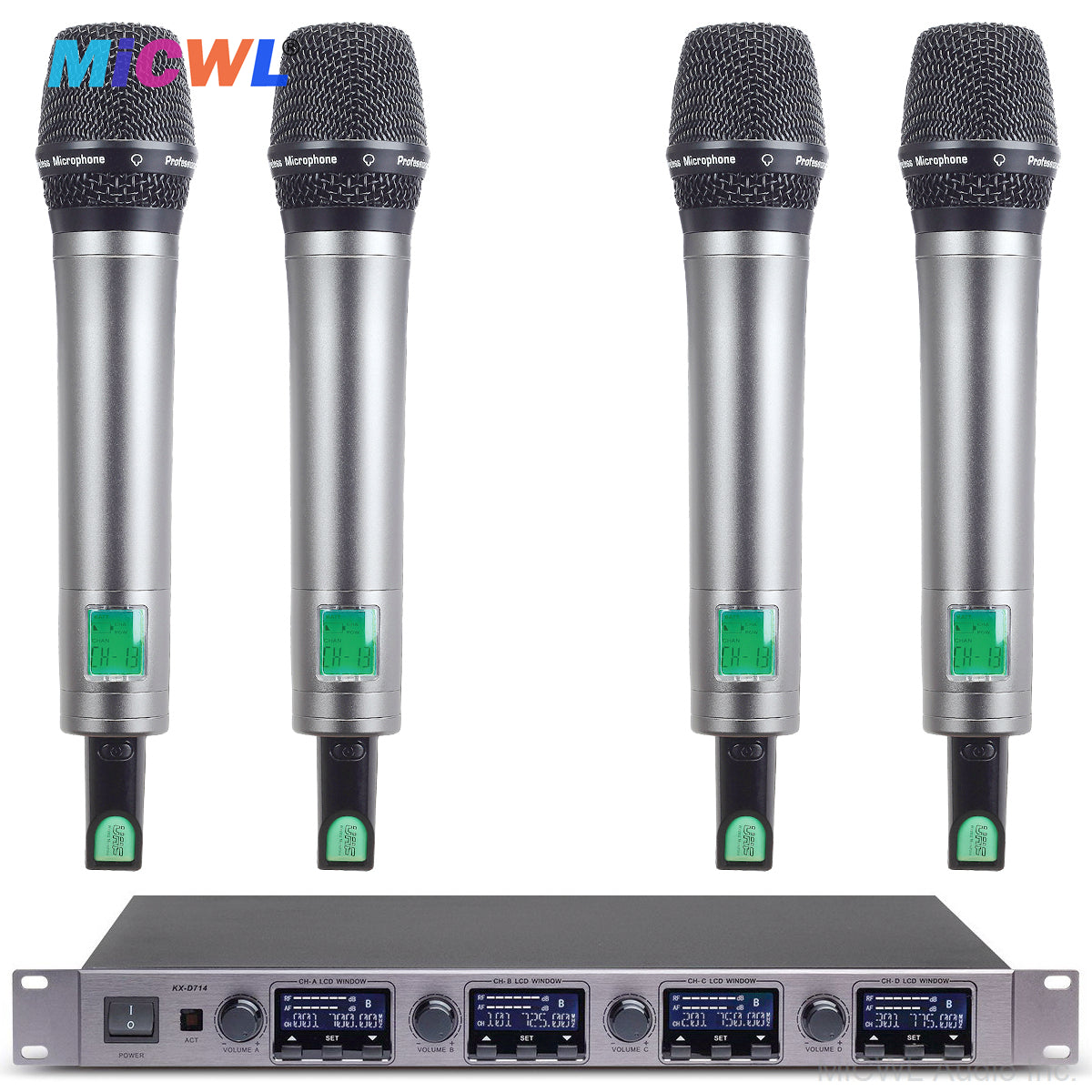 Professional 4-Channel Digital Wireless Microphone System - Metal Handheld Mics, 4 Mics Simultaneous Operation, Anti-Interference, Long Range for Stage Performance, Karaoke, Speech, Meeting, Church, Party MiCWL D700-4Hand