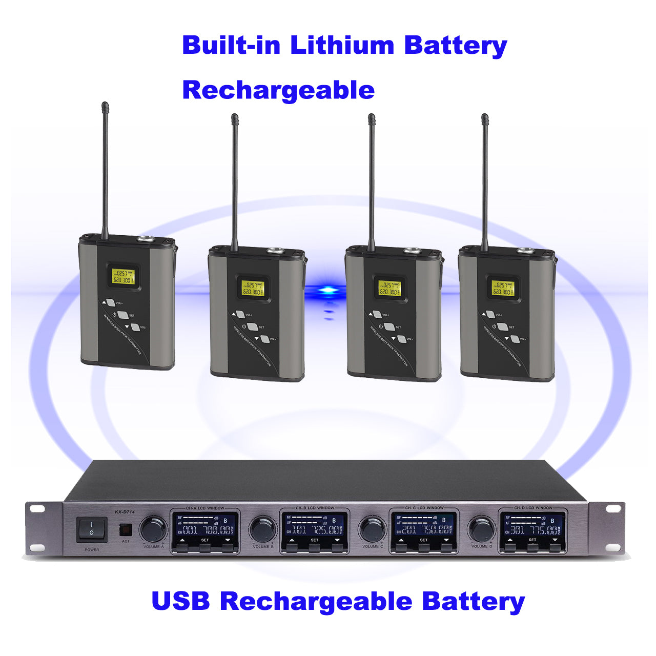 4-Channel Digital Wireless Microphone System – Handheld, Lavalier, Headset & Desktop Mics Bodypack Transmitters Stage Performance, Karaoke, Church, Conference, School Events MiCWL D700