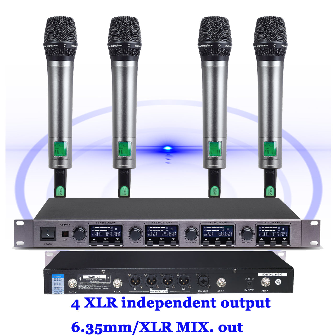 4-Channel Digital Wireless Microphone System – Handheld, Lavalier, Headset & Desktop Mics Bodypack Transmitters Stage Performance, Karaoke, Church, Conference, School Events MiCWL D700