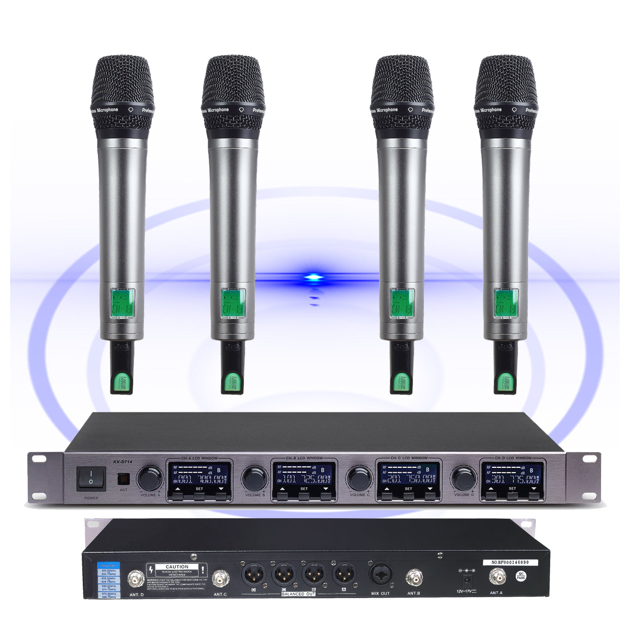 Professional 4-Channel Digital Wireless Microphone System - Metal Handheld Mics, 4 Mics Simultaneous Operation, Anti-Interference, Long Range for Stage Performance, Karaoke, Speech, Meeting, Church, Party MiCWL D700-4Hand