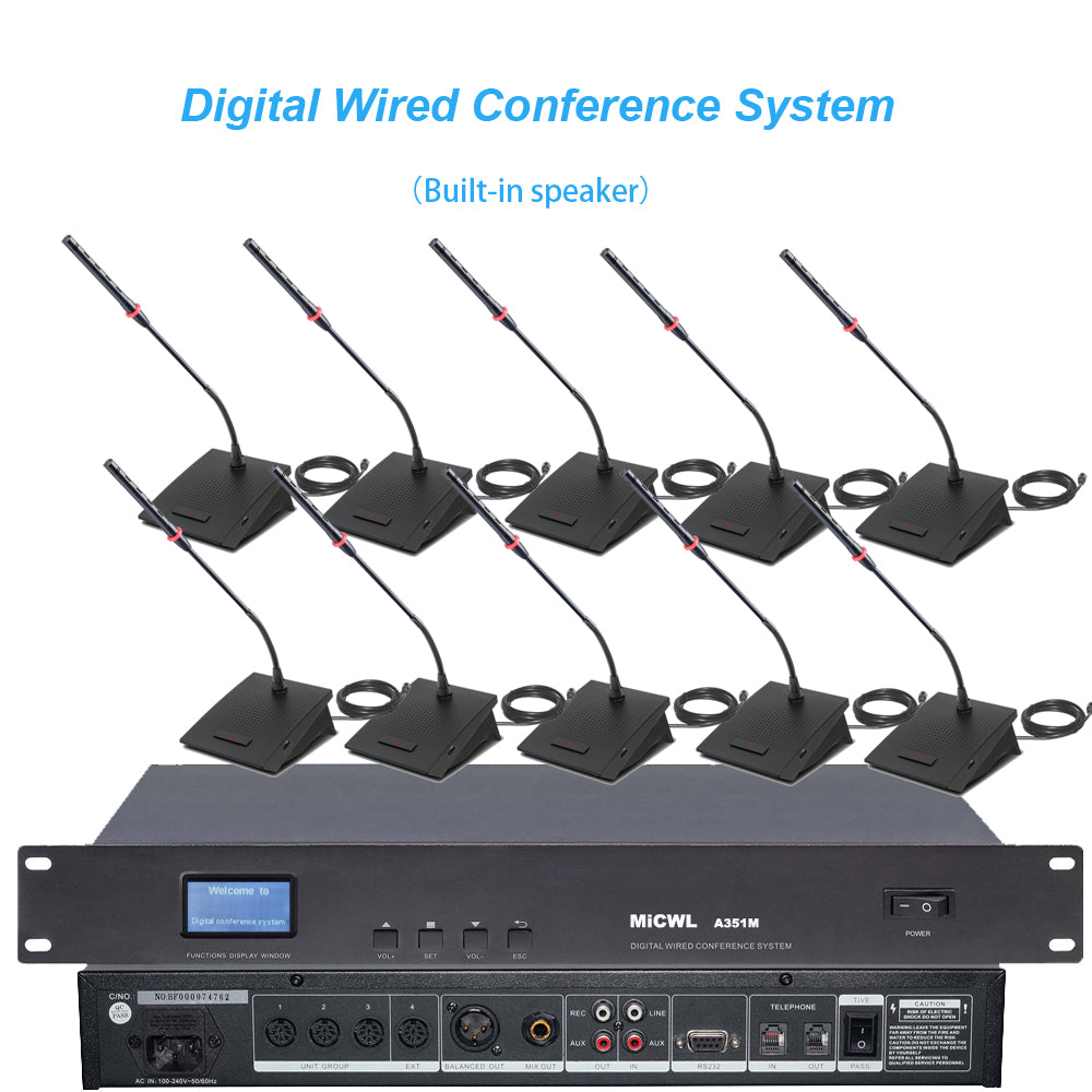 MiCWL A3517 12 Built-in Speaker Gooseneck Table Digital Conference Wired Microphone Telephone Function LED System 1 Chairman 11 Delegate