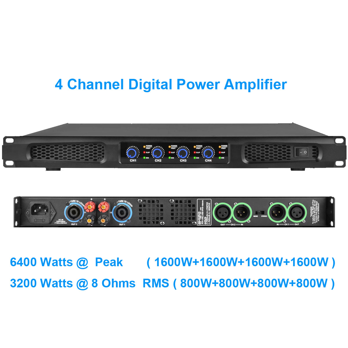 Professional 6400 Watt Digital Amplifier: Heavy-Duty 1U 4CH Power AMP with 800W/Channel for Subwoofer & Live Sound