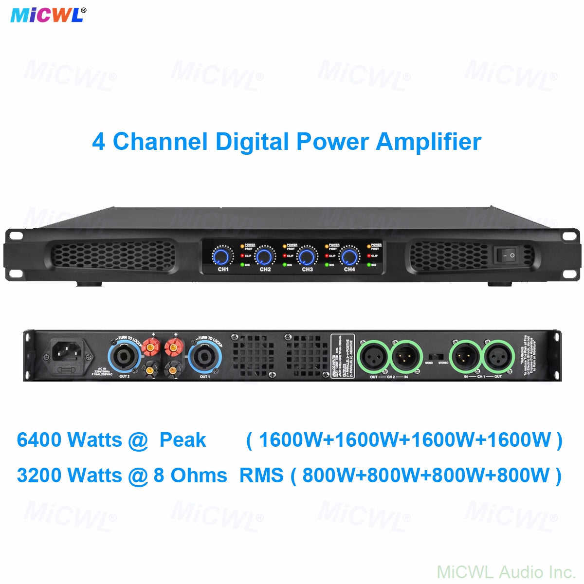 CA6400 4-Channel 800W Class D Digital Power Amplifier — 6400W RMS 1U Rack Mount