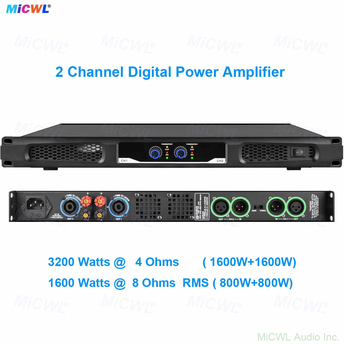 CA6200 2-Channel Digital Power Amplifier 1300W×2@8Ω 3200W×2@4Ω Metal 1U Rack Mount for PA System
