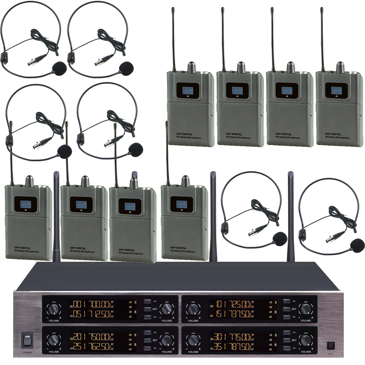MiCWL D3900 Pro 8-Channel Digital UHF Wireless Microphone System – 8 Headset + 8 Lavalier Mics, 8x50 Freq Groups (400+ Channels), Encrypted Audio for Stage, Church, School, Karaoke, DJ, Live Streaming