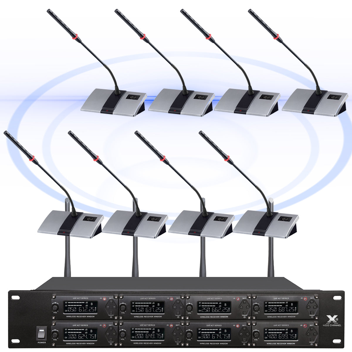 MiCWL D800 8-Channel Digital Wireless Conference Microphone System – UHF Gooseneck Mics with AES Encryption for Press Conferences, Boardrooms & Government Meetings