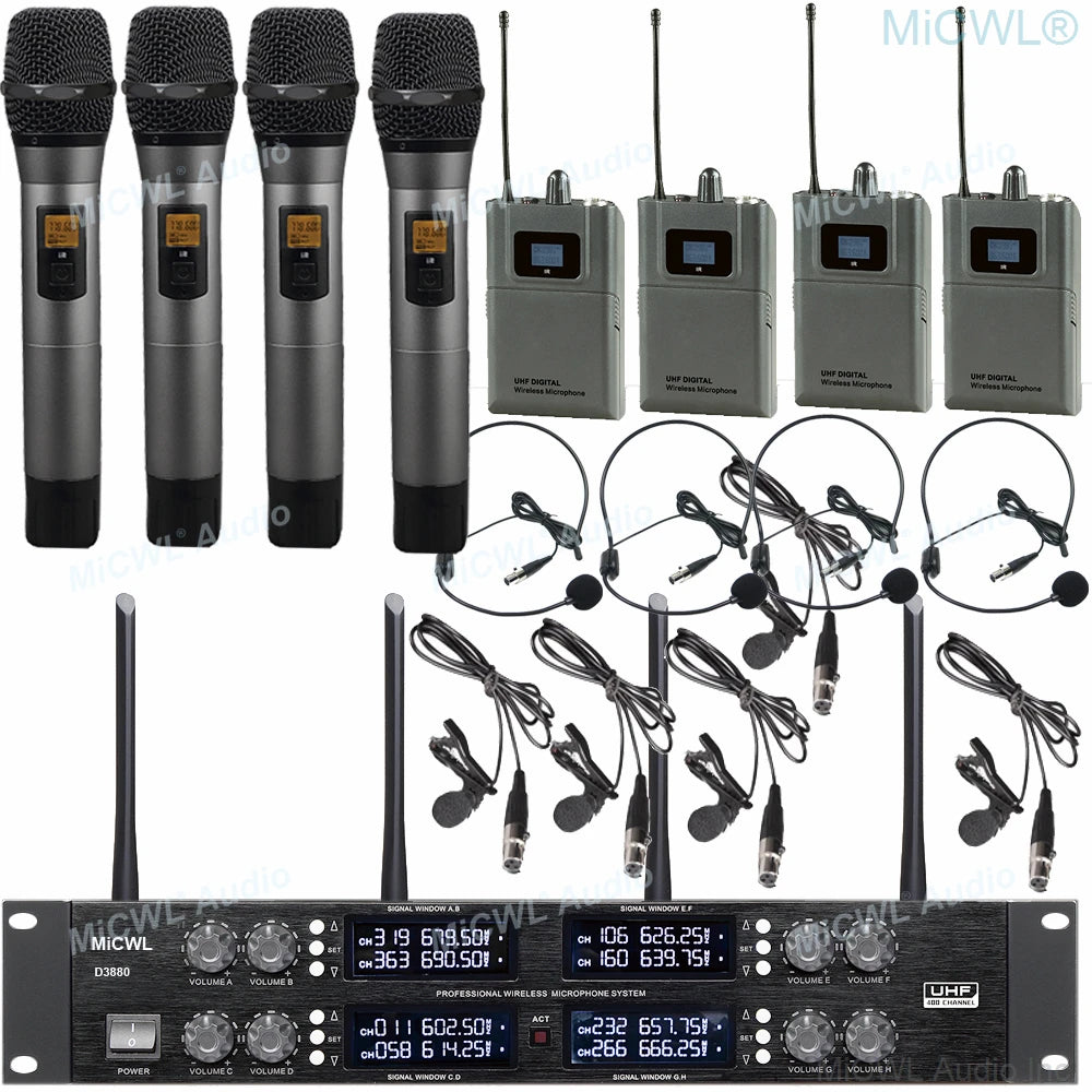 MiCWL D3880 Professional Wireless Microphone UHF 8 Channel 8 Radio Lapel Clip-On Lavalier Mic Independent XLR Connector - MiCWL Audio Inc