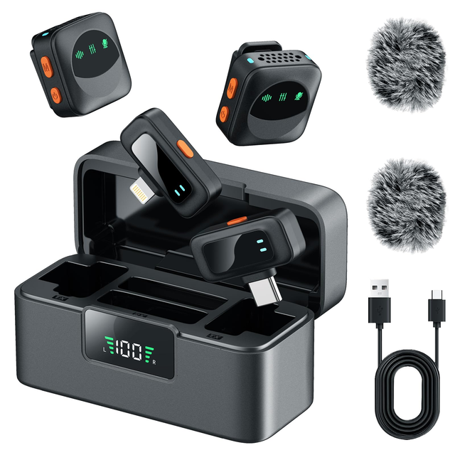 Professional 1-to-2 Wireless Lavalier Microphone Kit for iPhone, Android & Camera - AI Noise Reduction, Charging Case