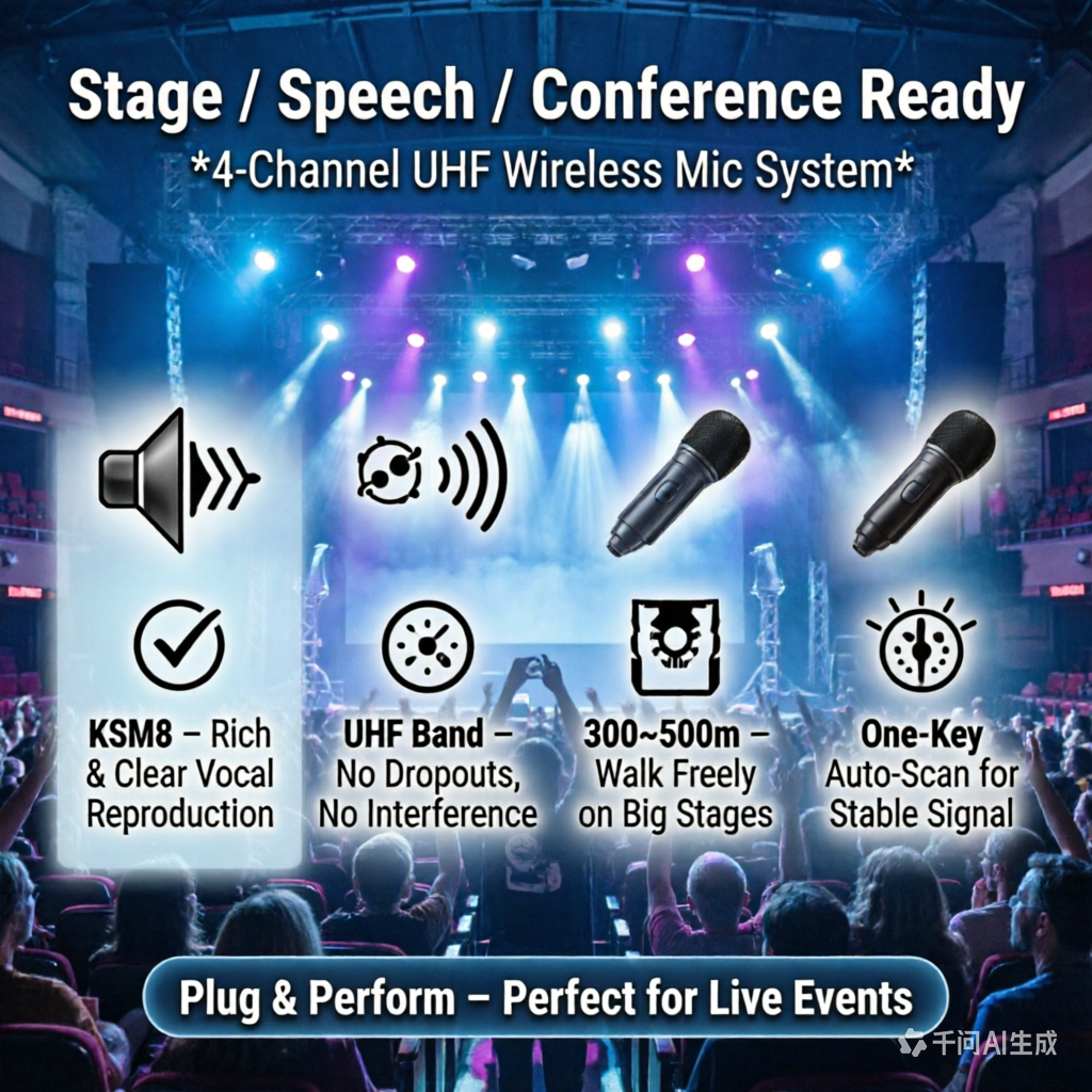 High Quality KSM8 Handheld 4x100 Channel UHF Digital Wireless Microphone System – 4x KSM8 Mics300-500m Range For Stage