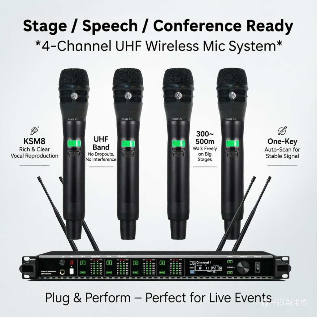 High Quality KSM8 Handheld 4x100 Channel UHF Digital Wireless Microphone System – 4x KSM8 Mics300-500m Range For Stage