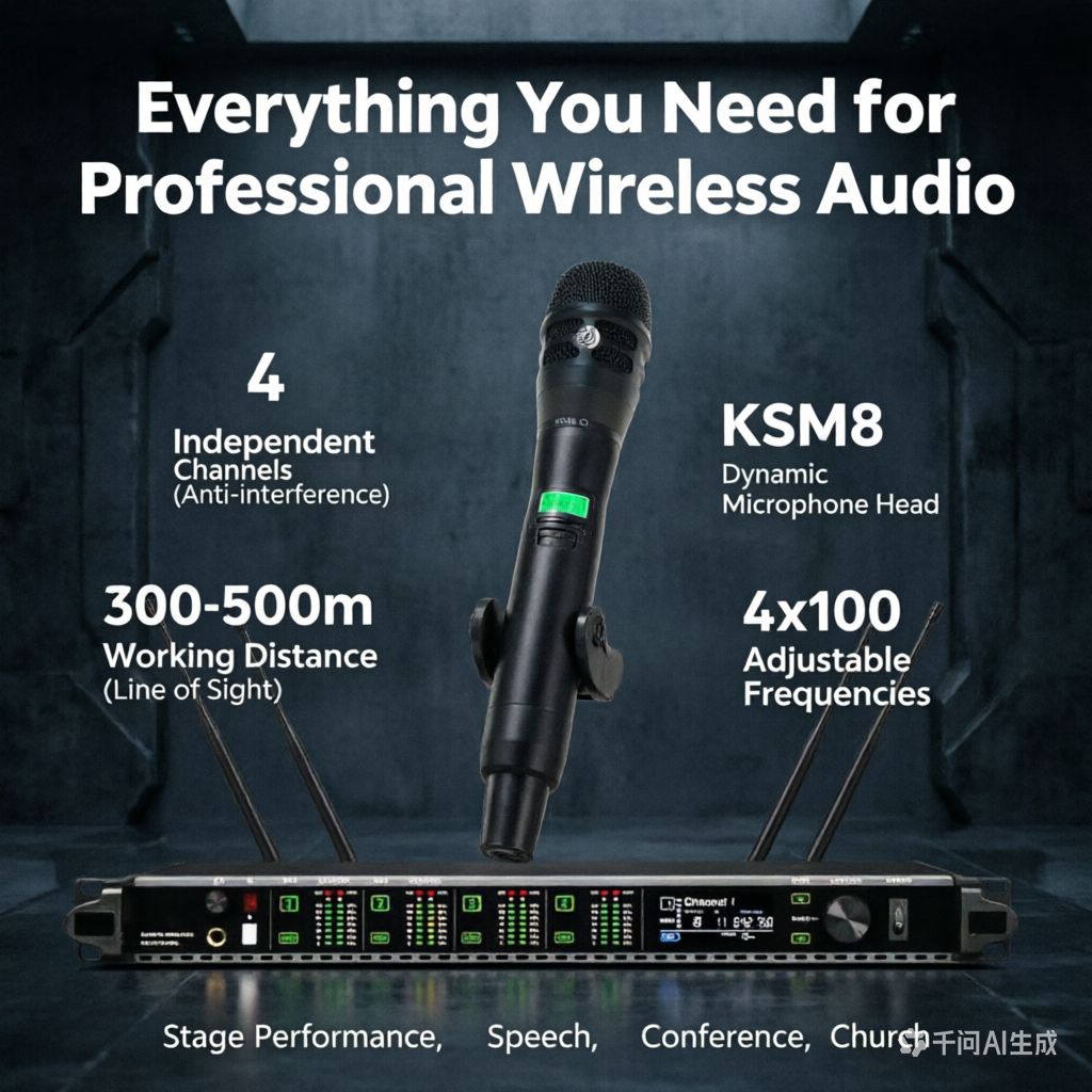 High Quality KSM8 Handheld 4x100 Channel UHF Digital Wireless Microphone System – 4x KSM8 Mics300-500m Range For Stage