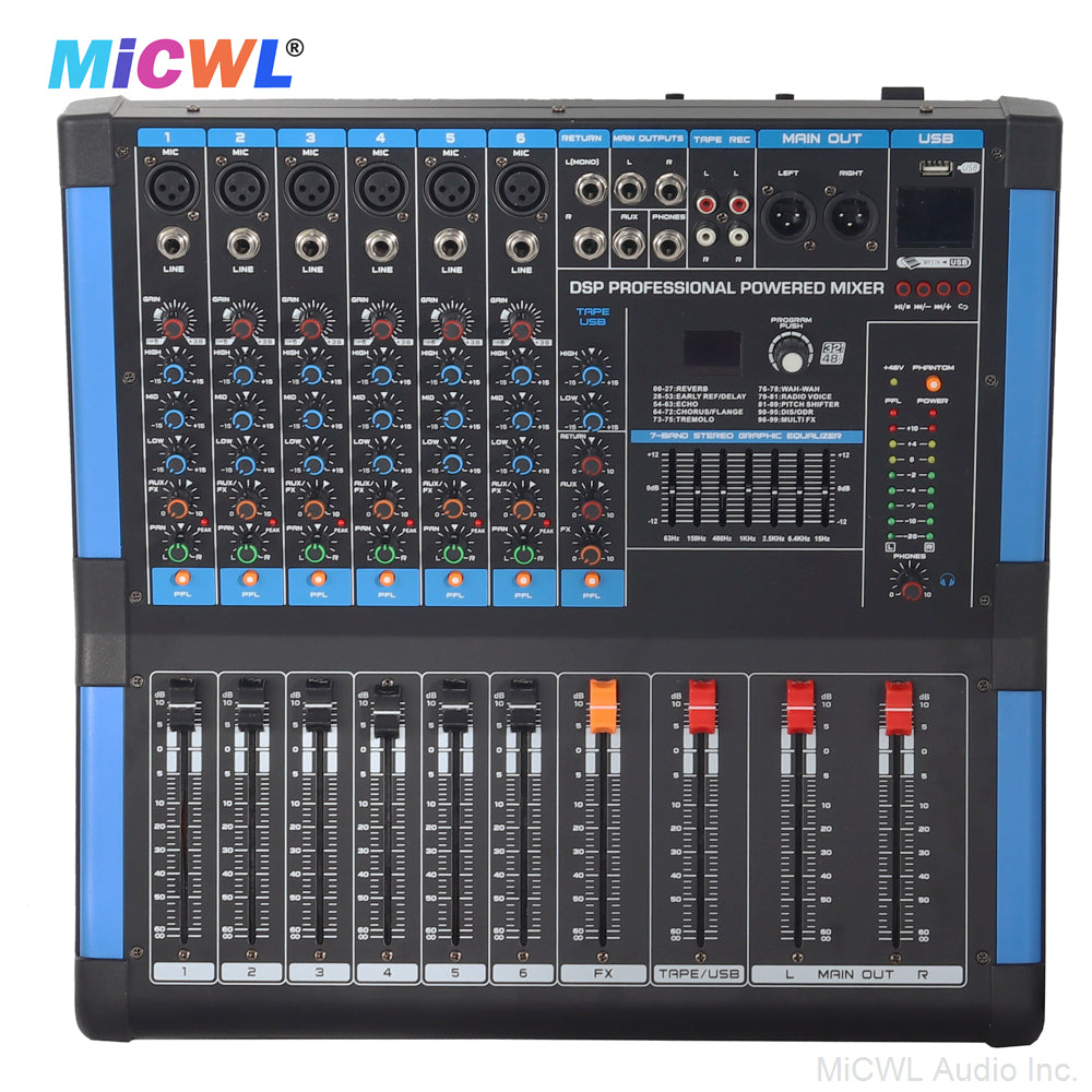 Pro 6-Channel 1200W Power Mixer with Bluetooth, USB, 48V Phantom, 5-Band EQ, Monitor and Dual Channel Amplfier MiCWL BG600