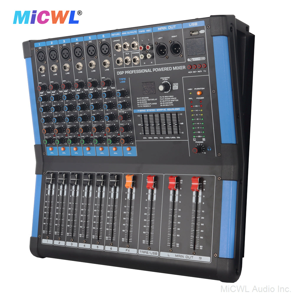 Pro 6-Channel 1200W Power Mixer with Bluetooth, USB, 48V Phantom, 5-Band EQ, Monitor and Dual Channel Amplfier MiCWL BG600