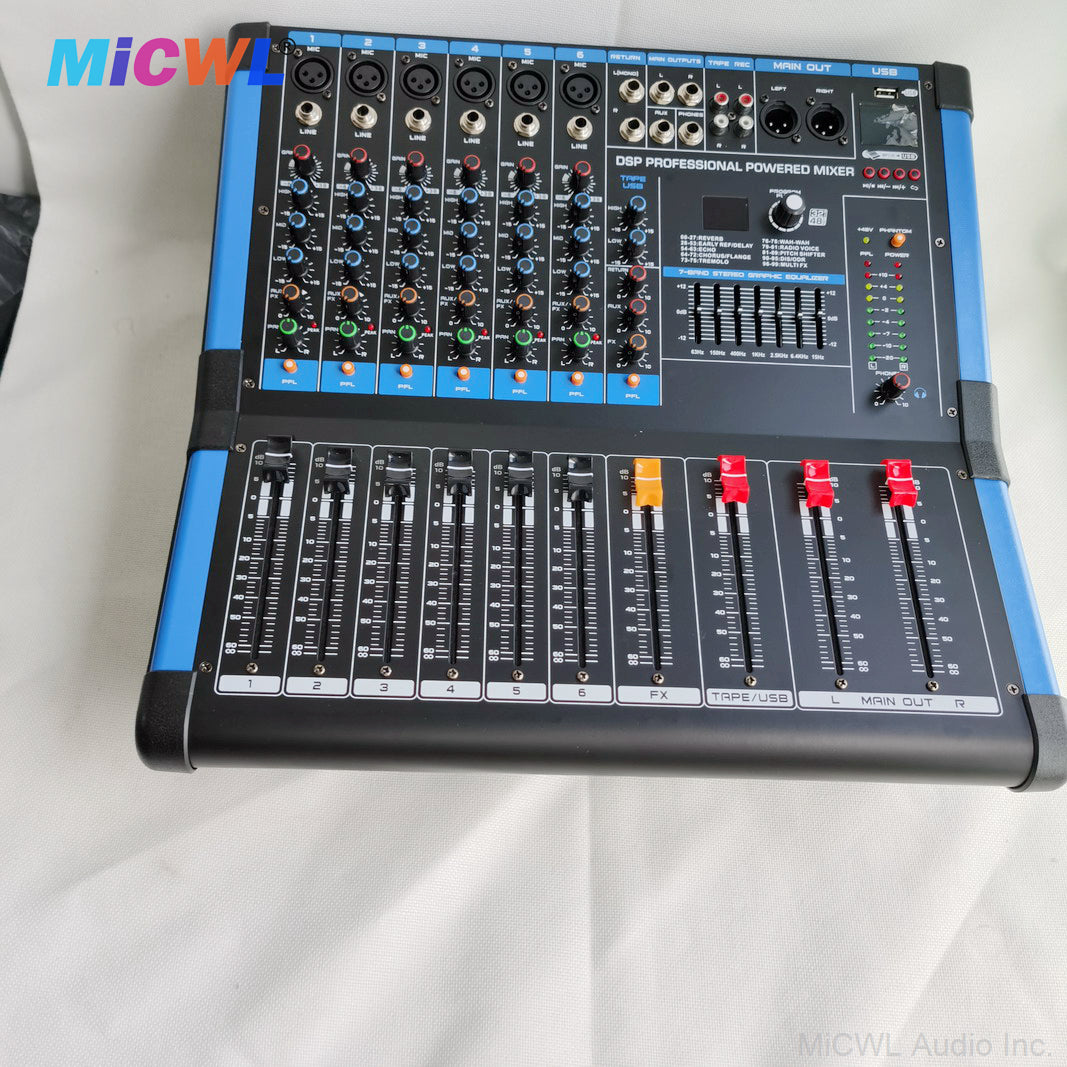 Pro 6-Channel 1200W Power Mixer with Bluetooth, USB, 48V Phantom, 5-Band EQ, Monitor and Dual Channel Amplfier MiCWL BG600