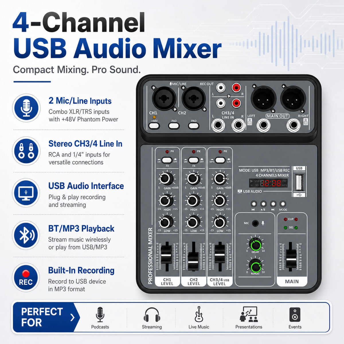 4-Channel USB Audio Mixer with Bluetooth, 48V Phantom Power & FX