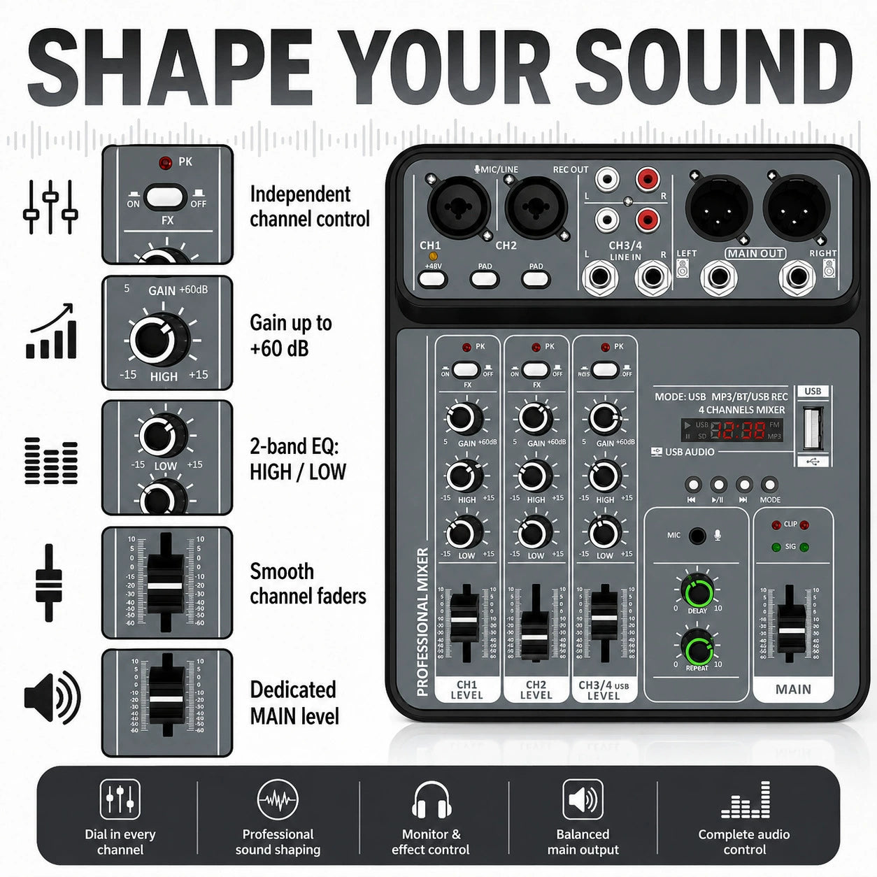 4-Channel Mini USB Bluetooth Audio Mixer