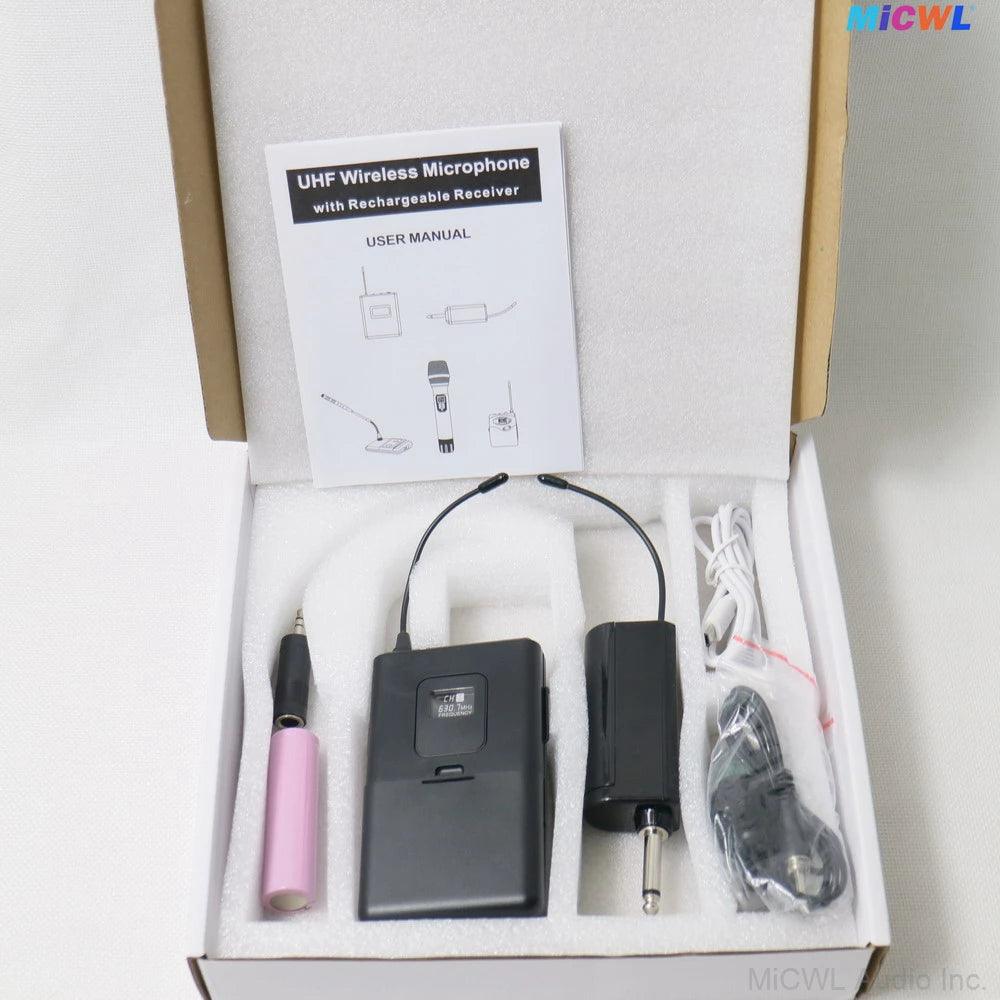 Brand New 1 to One Headset Lapel Wireless Microphone System Backpack Transmitter With Lavalier HeadMic Rechargeable 6.35mm Plug - MiCWL Audio Inc