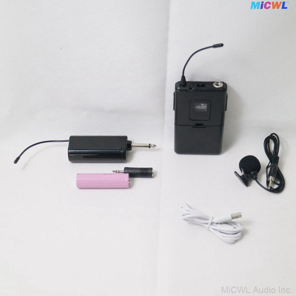 Brand New 1 to One Headset Lapel Wireless Microphone System Backpack Transmitter With Lavalier HeadMic Rechargeable 6.35mm Plug - MiCWL Audio Inc