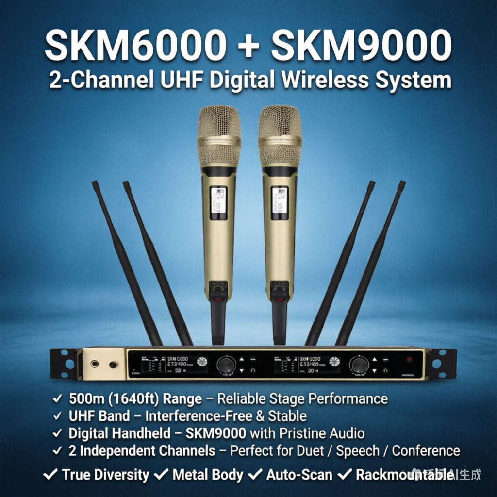EW6000 Dual-Channel Digital Wireless Microphone System – SKM6000 Receiver + 2× SKM9000 Handheld Mics, 300 Channels, True Diversity