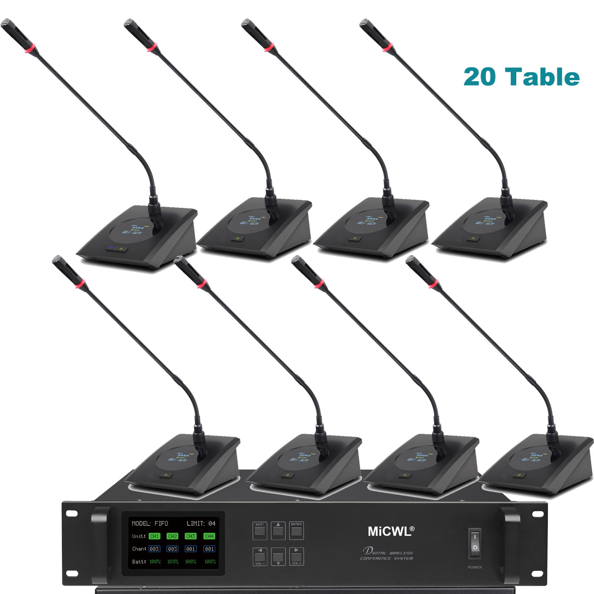 MiCWL A10M Digital Wireless Conference Microphone System Expandable 20 Mics Gooseneck Desktop Mics for Large Meetings Classroom Government Conferences