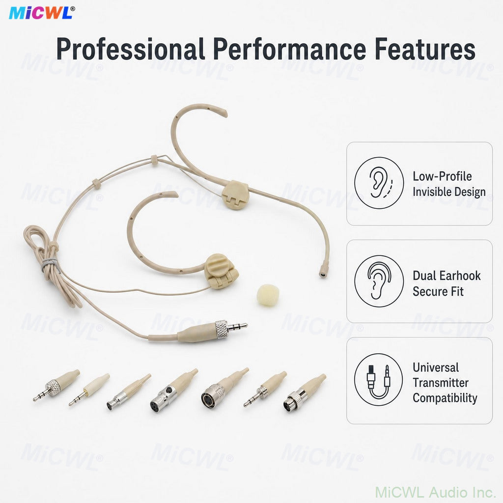 Beige WBH53 Foldable Dual ear-hook Headset Microphone For Sennheiser Shure AKG Samson Wireless BeltPack Omnidirectional Capsule