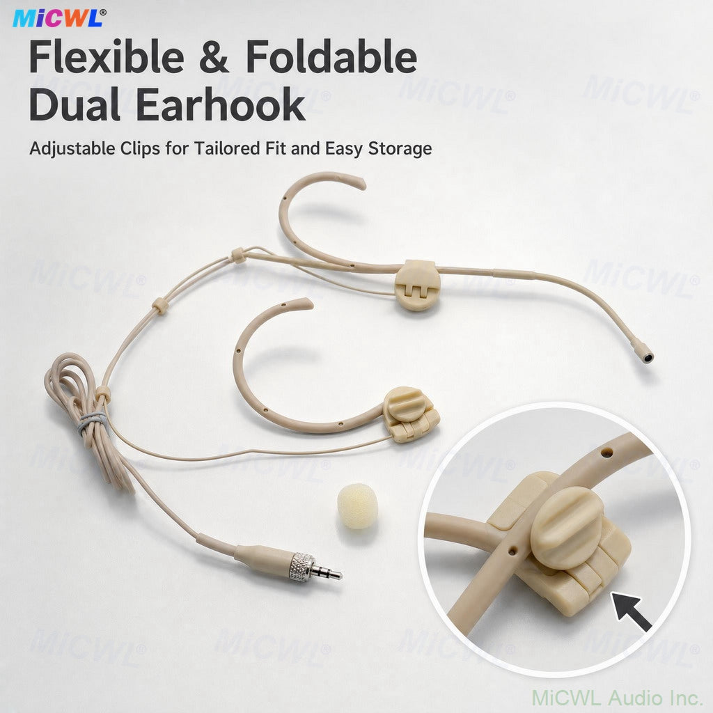 Beige WBH53 Foldable Dual ear-hook Headset Microphone For Sennheiser Shure AKG Samson Wireless BeltPack Omnidirectional Capsule