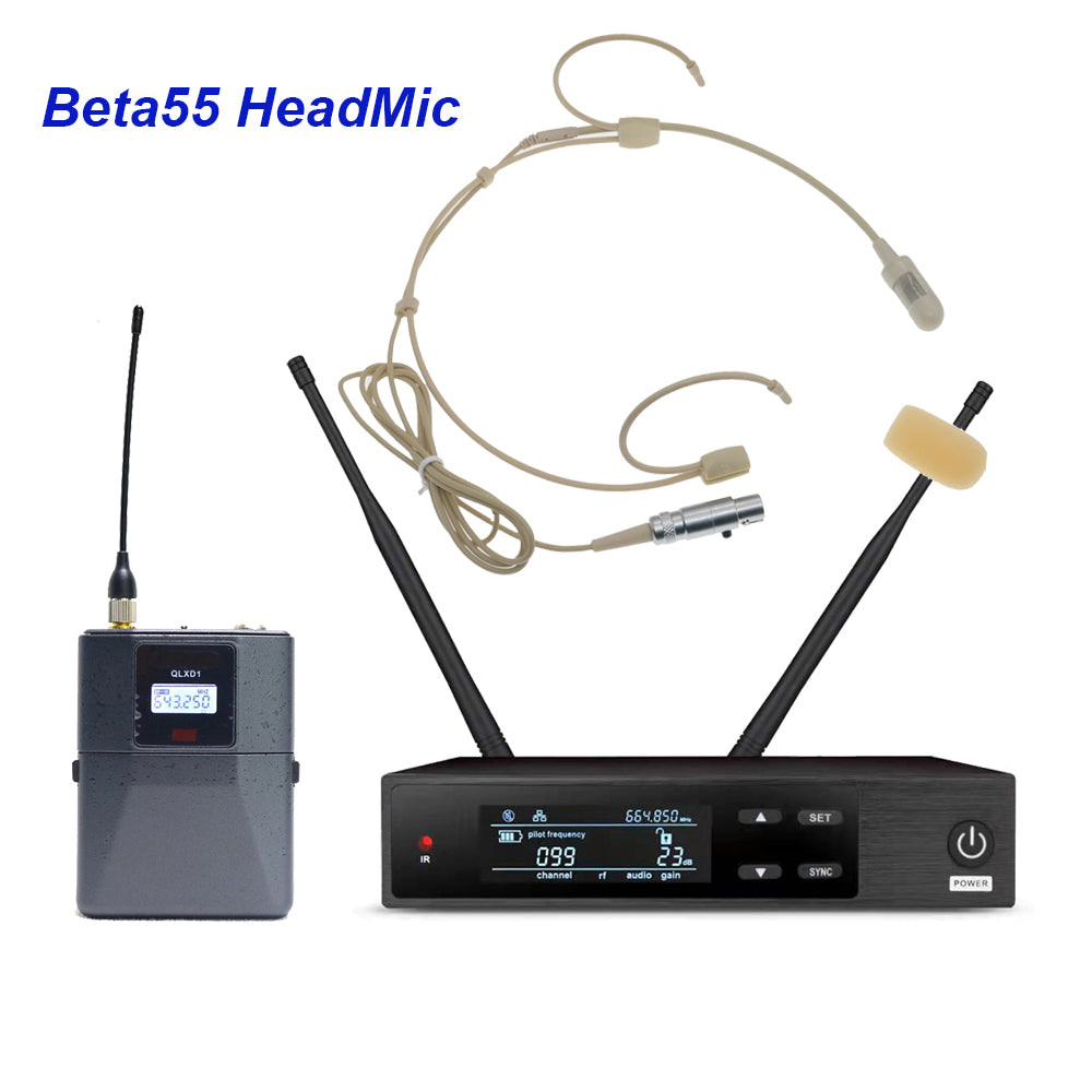 Beta55 Beige Headset Wireless Microphone System QLXD4 BeltPack 100 Channel Set