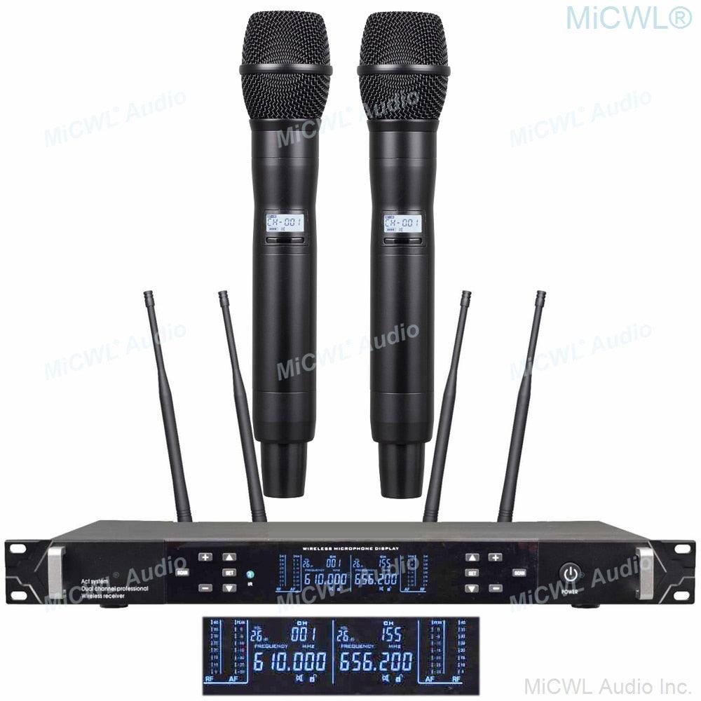 MiCWL ACT-702 UHF True Diversity Stage Performance Wireless Microphone System 2 Beige Headset Two Metal Handheld Dynamic Mic Set - MiCWL Audio Inc