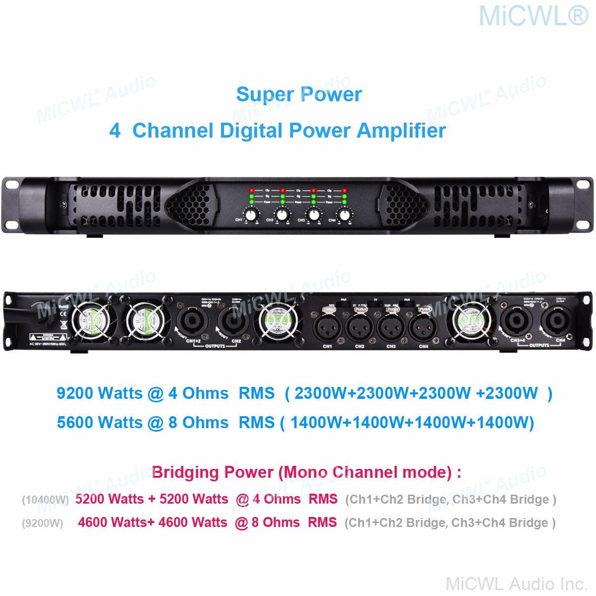 Professional 4 Channel 9200W High Power Digital Amplifier Bridging Function Can Drive Linear Array Acoustic 5200W 4Ohm 4600W 8Ω - MiCWL Audio Inc