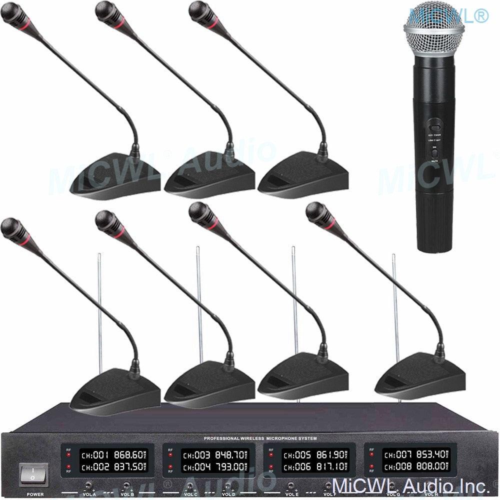 MiCWL 8 LED Channel Wireless Table Gooseneck Microphone loudspeaker System 8 Desktop 8 Belt Lapel Handheld Mics for Meeting Room - MiCWL Audio Inc