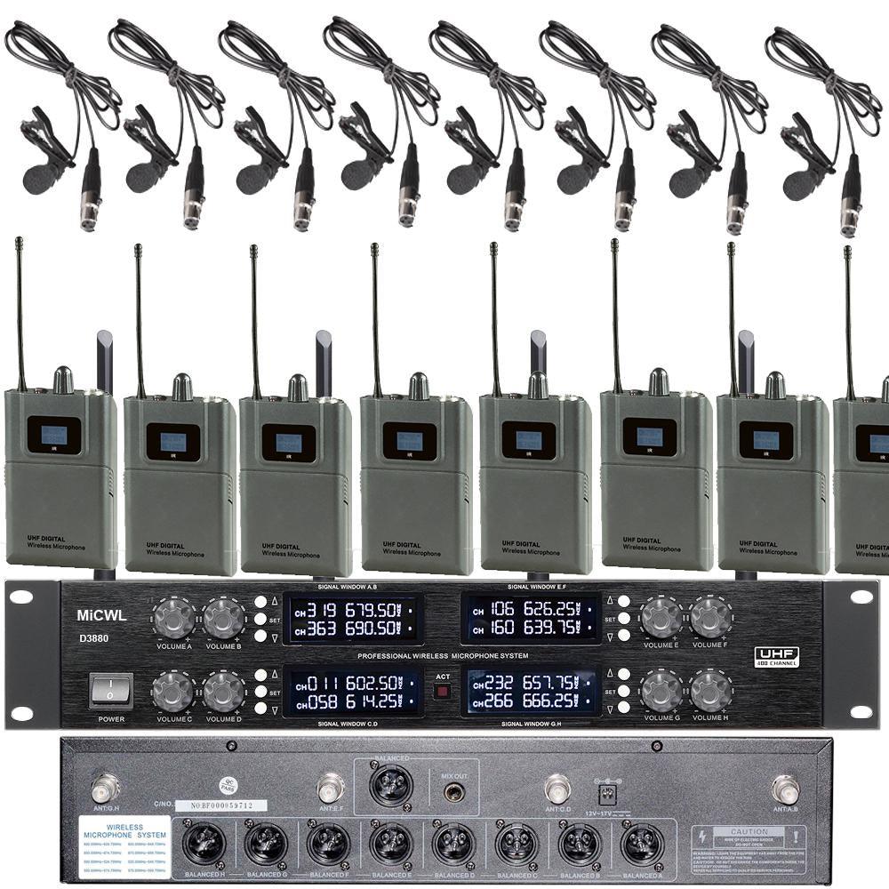 MiCWL D3880 Professional Wireless Microphone UHF 8 Channel 8 Radio Lapel Clip-On Lavalier Mic Independent XLR Connector - MiCWL Audio Inc