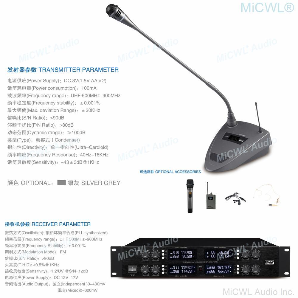 Professional MiCWL D3880 8-Channel Wireless Microphone Meeting Room Training Gooseneck Condenser Mic Independent XLR Connector - MiCWL Audio Inc