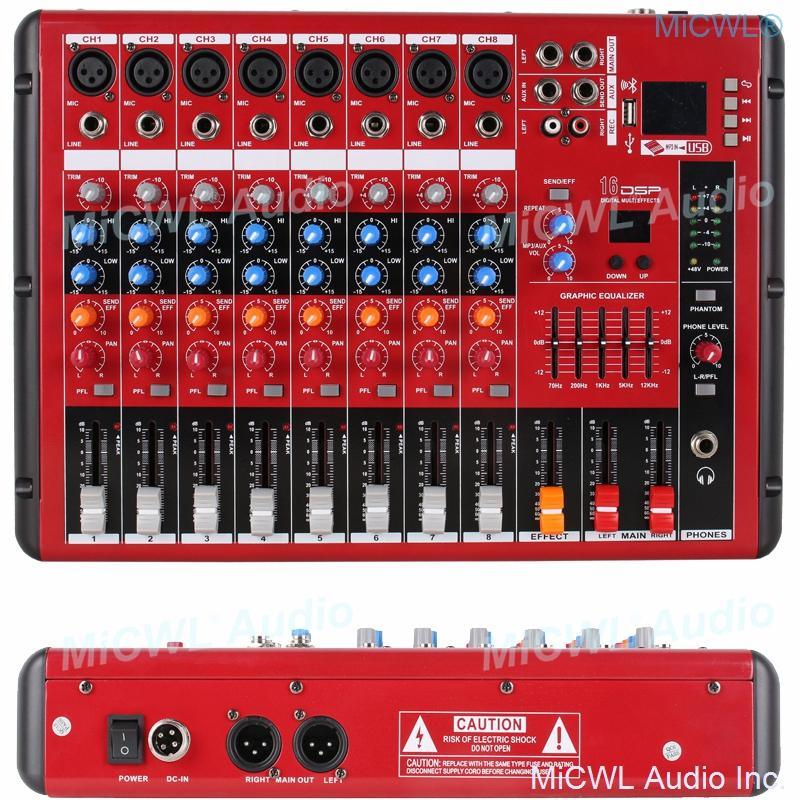 Pro 8 Microphone Channel Bluetooth Audio Mixer 8-Input 2-Bus DJ Live Sound Mixing Console with DSP USB MP3 EQ 48V Phantom Power - MiCWL Audio Inc