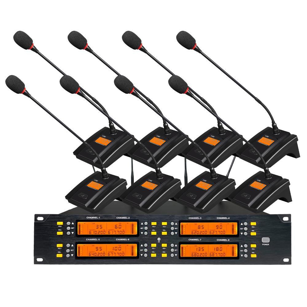 Professional UHF 8 Lavalier Lapel Wireless Microphone System Adjustable Frequency Conference 8 Table - MiCWL Audio Inc