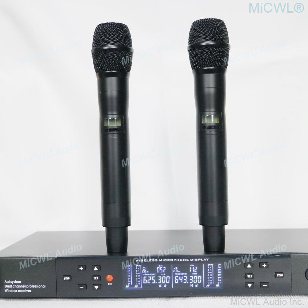 MiCWL ACT-702 UHF True Diversity Stage Performance Wireless Microphone System 2 Beige Headset Two Metal Handheld Dynamic Mic Set - MiCWL Audio Inc
