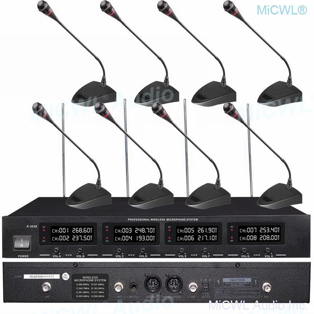 MiCWL 8 LED Channel Wireless Table Gooseneck Microphone loudspeaker System 8 Desktop 8 Belt Lapel Handheld Mics for Meeting Room - MiCWL Audio Inc