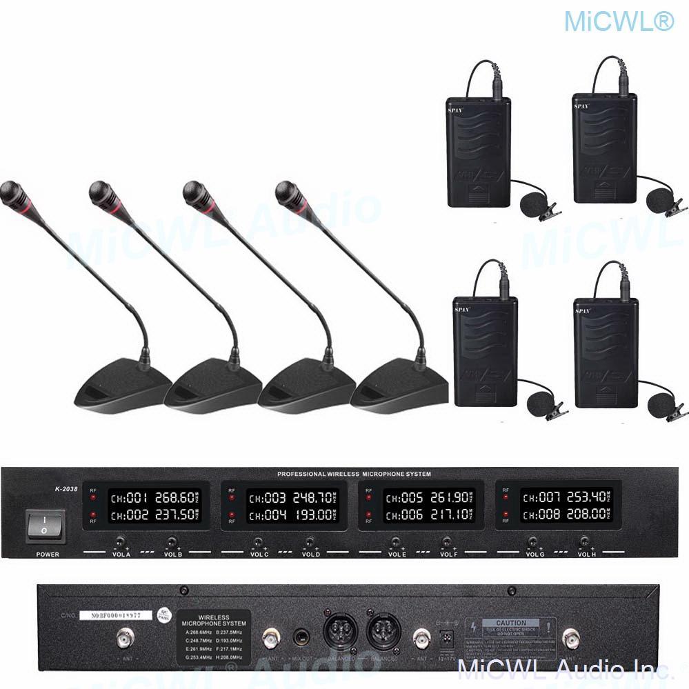 MiCWL 8 LED Channel Wireless Table Gooseneck Microphone loudspeaker System 8 Desktop 8 Belt Lapel Handheld Mics for Meeting Room - MiCWL Audio Inc