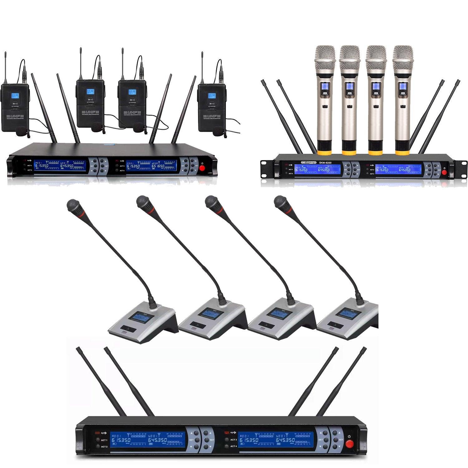 Professional 200 Channel 4 Gooseneck Wireless Microphone System 4 Handheld 4 Headset Lavalier Mic DJ Karaoke Sets - MiCWL Audio Inc