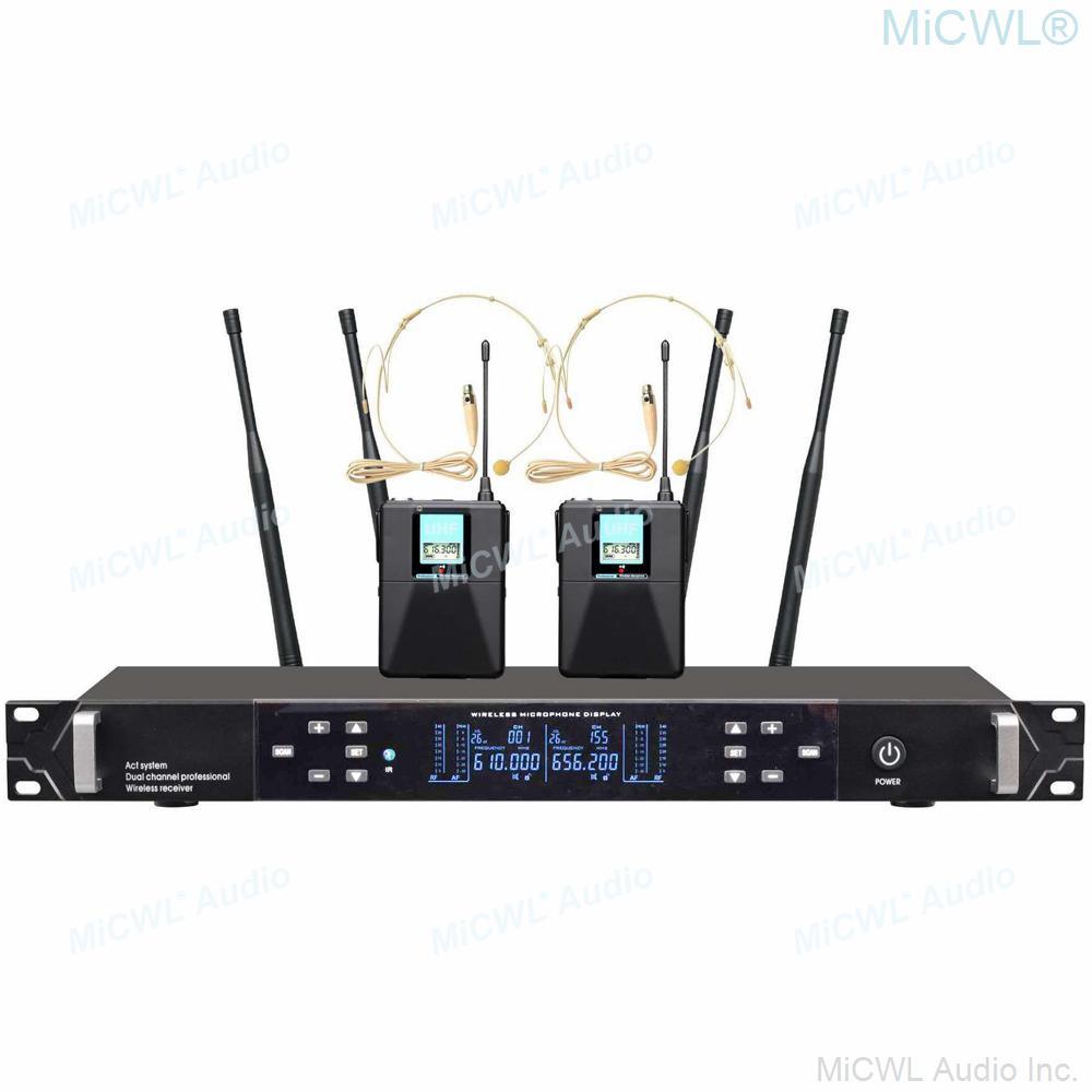 MiCWL ACT-702 UHF True Diversity Stage Performance Wireless Microphone System 2 Beige Headset Two Metal Handheld Dynamic Mic Set - MiCWL Audio Inc