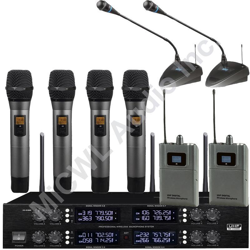 Professional Digital Wireless Audio Microphone 8 Desktop Metal Handheld Headset Lavalier Cordless Set Large Range 400 Channel - MiCWL Audio Inc