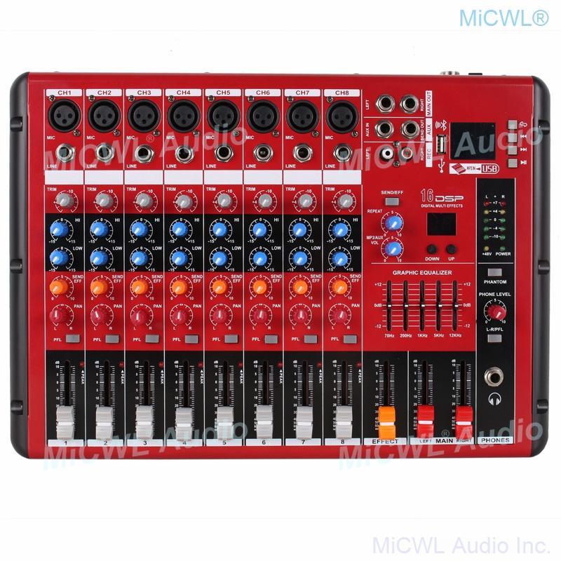 Pro 8 Microphone Channel Bluetooth Audio Mixer 8-Input 2-Bus DJ Live Sound Mixing Console with DSP USB MP3 EQ 48V Phantom Power - MiCWL Audio Inc