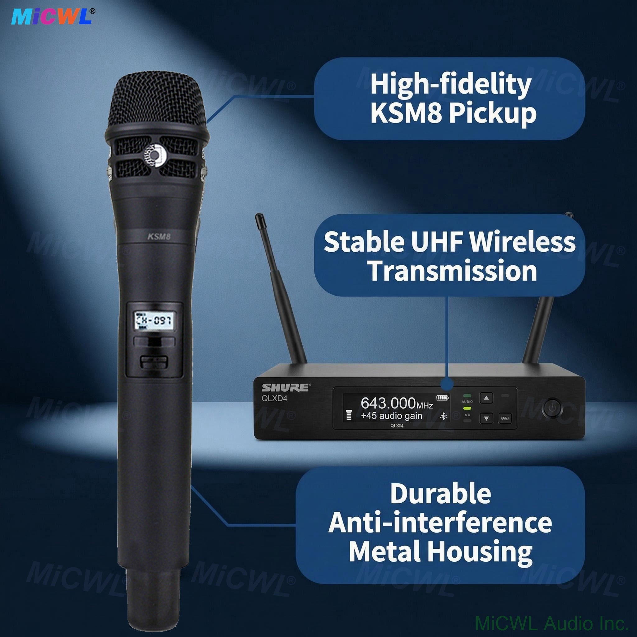 KSM8 Handheld Wireless Microphone with QLXD4 UHF Receiver, Professional Dynamic Cardioid Mic System for Singers, Hosts, Live Streamers, Stage Performance