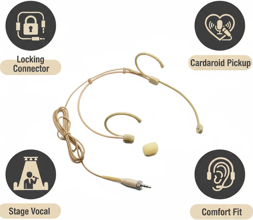 DH50 Cardioid Headset Microphone with Boom for Shure, Sennheiser, AKG Wireless Bodypack Transmitters - TA4F, TA3F, 3.5mm Locking Connector - Professional Stage Vocal Mic for Singing, Speech, Performance