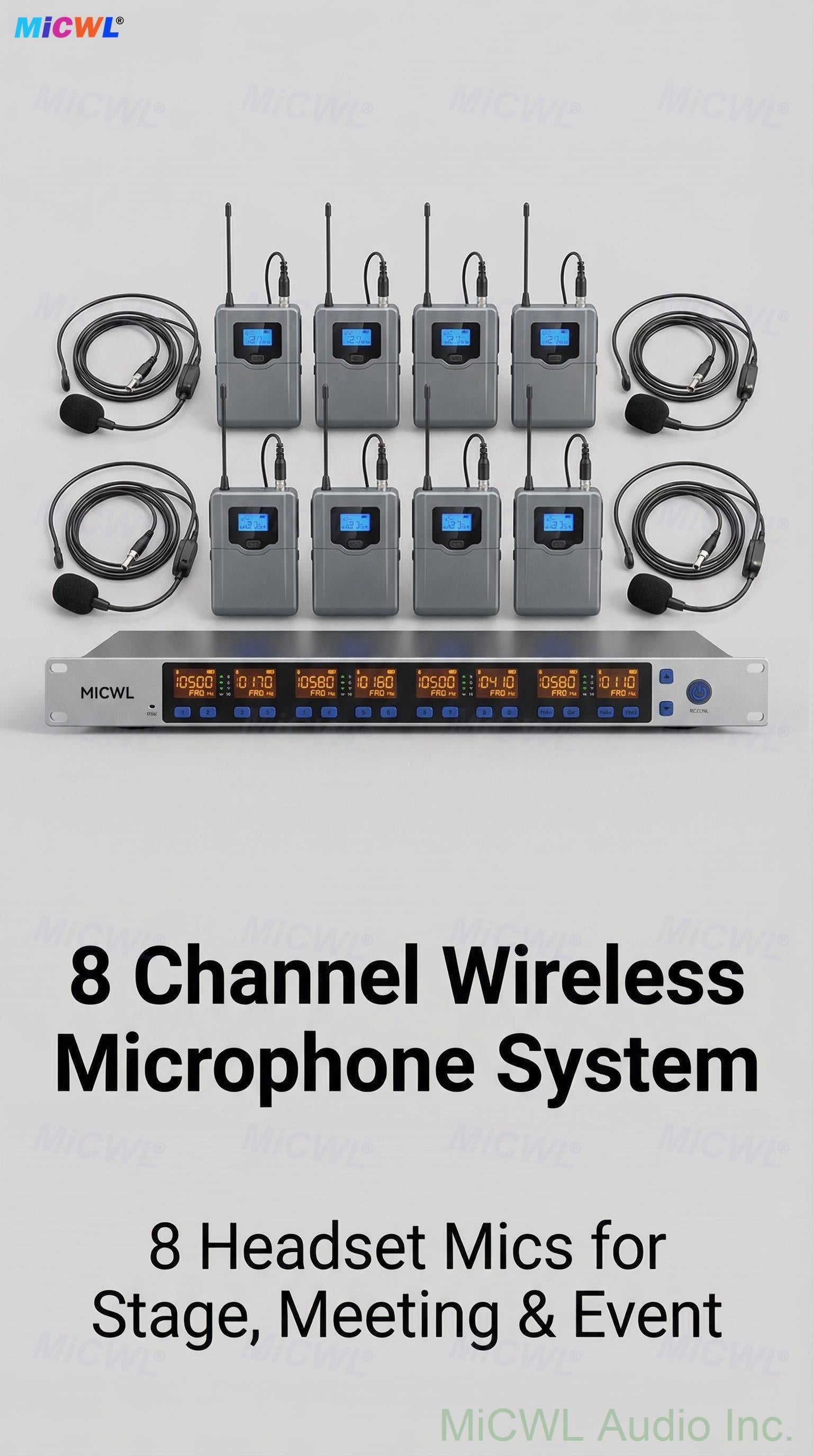 MiCWL D3900 Pro 8-Channel Digital UHF Wireless Microphone System – 8 Headset + 8 Lavalier Mics, 8x50 Freq Groups (400+ Channels), Encrypted Audio for Stage, Church, School, Karaoke, DJ, Live Streaming