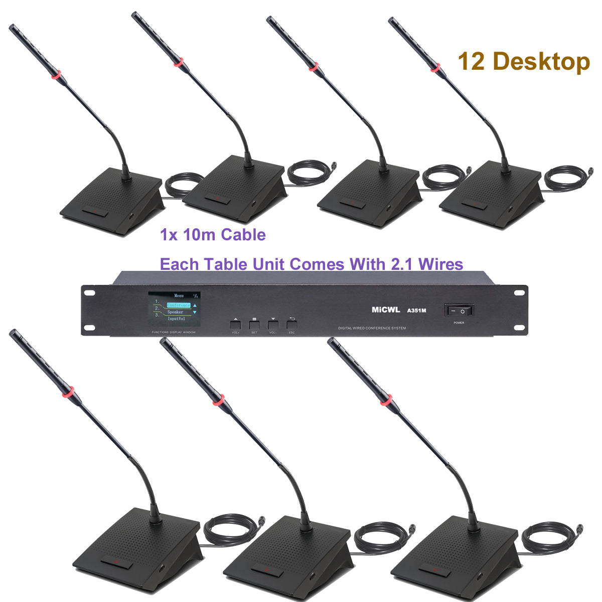 MiCWL A3517 12 Built-in Speaker Gooseneck Table Digital Conference Wired Microphone Telephone Function LED System 1 Chairman 11 Delegate