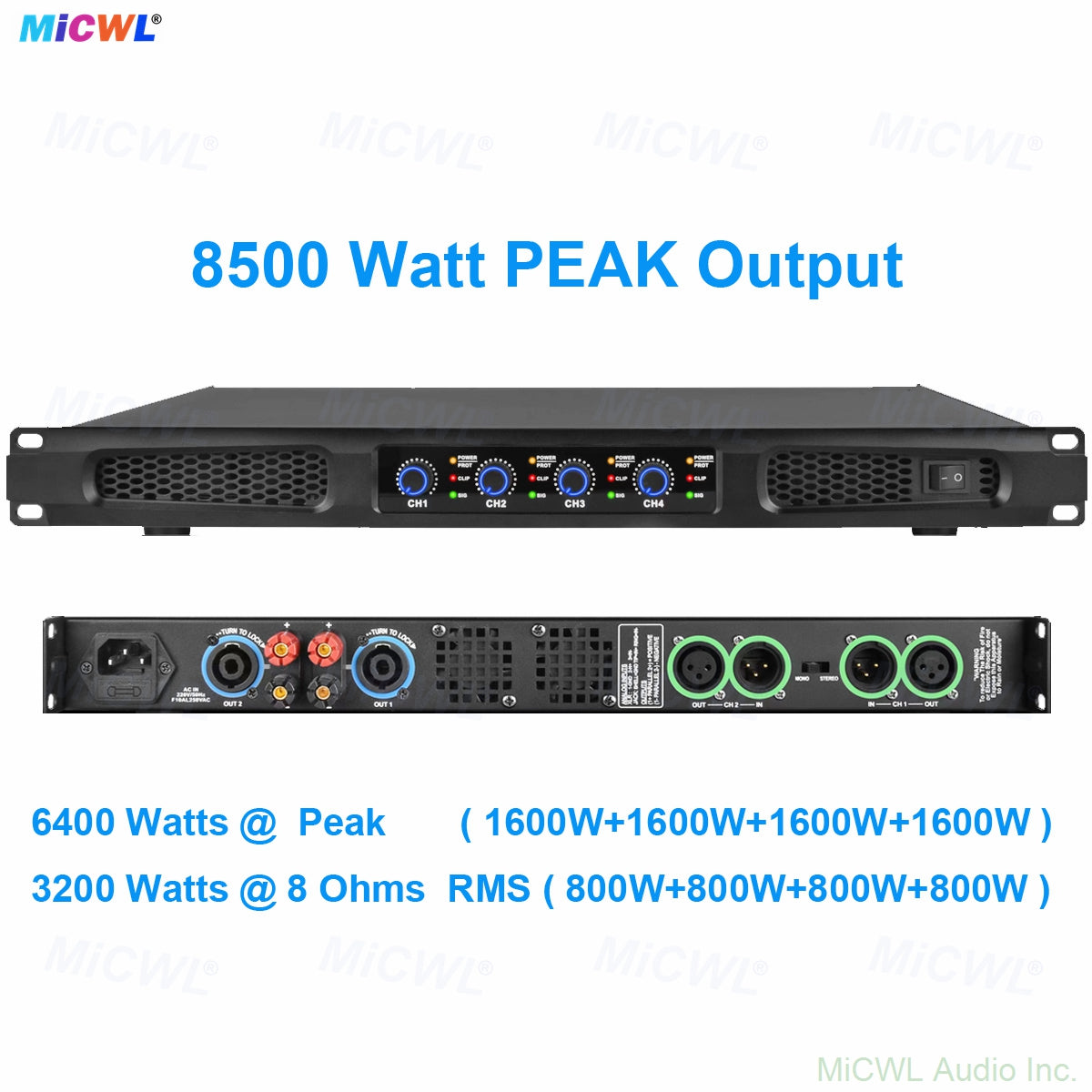 Professional 4-Channel Power Amplifier - 8500W Peak (3200W RMS Total @8Ω), 1U Rack Mount Amp for Concert, Stadium, Theater, KTV, Bar Sound Systems