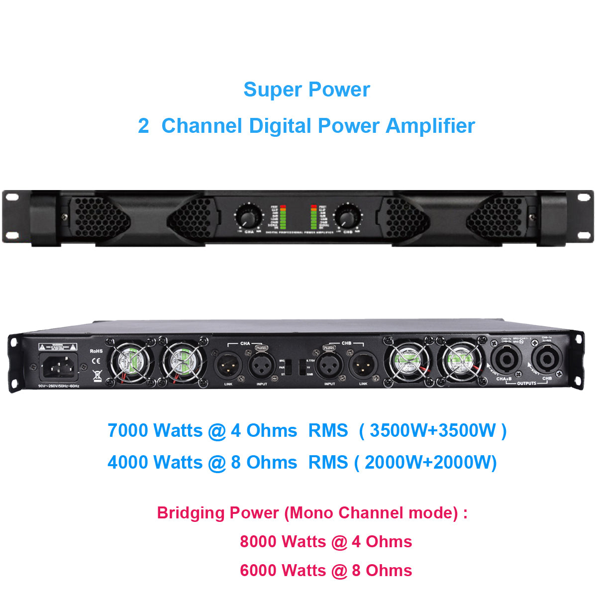 High Power 2 Channel Digital Amplifier 7000W Professional Bridgeable Power AMP for Stage Subwoofer Speakers & Subwoofers MiCWL PX2000